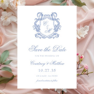 Reserve A Data Casamento com Crista de Monograma Azul Elegante Po