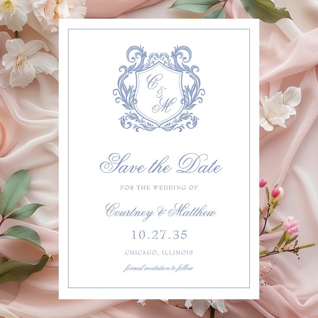 Reserve A Data Casamento com Crista de Monograma Azul Elegante Po (Criador carregado)
