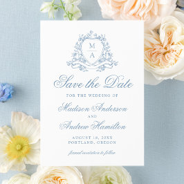 Reserve A Data Casamento com Crista Floral Azul Elegante Monogram