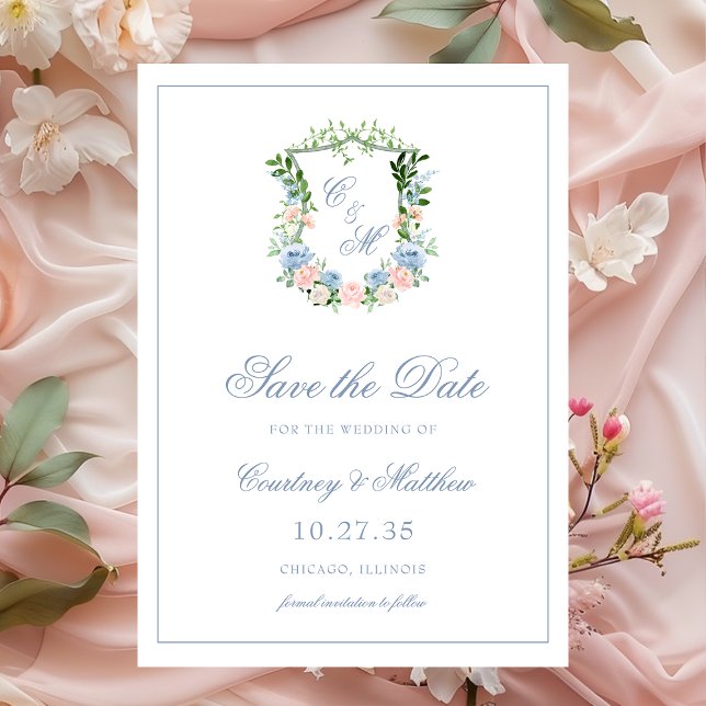 Reserve A Data Casamento com Crista Floral Azul Empoeirado (Criador carregado)