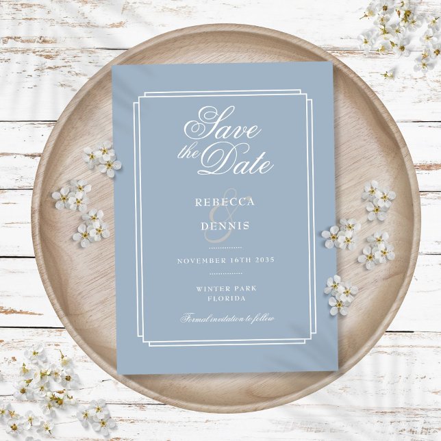 Reserve A Data Casamento com Deco Azul Dusty, Script Elegante (Elegant Script Dusty Blue Art Deco Wedding Save The Date)