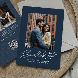 Reserve A Data Casamento com duas fotos de roteiro moderno em azu