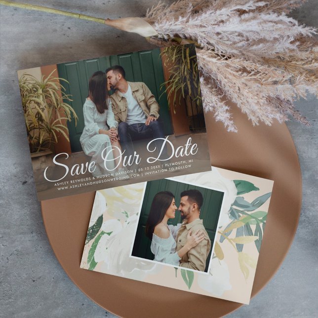 Reserve A Data Casamento com duas fotos florais em branco aquarel (Criador carregado)