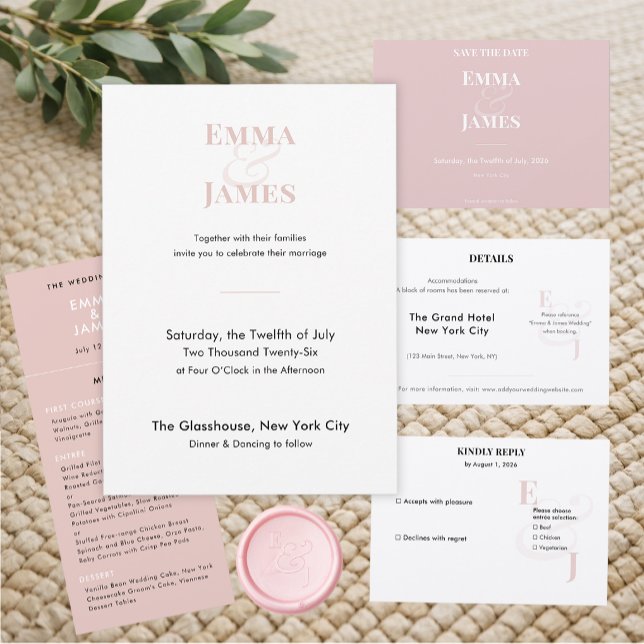 Reserve A Data Casamento com E comercial de Rubor Reverso | Salve (Modern horizontal save the date in reverse blush featuring clean, refined minimalist typography.)