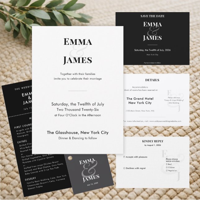 Reserve A Data Casamento com E comercial Preto Reverso | Salve a  (Horizontal reverse black save the date with crisp minimalist type for a bold, modern look.)