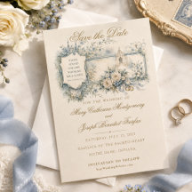 Casamento com escrita floral azul vintage da igrej