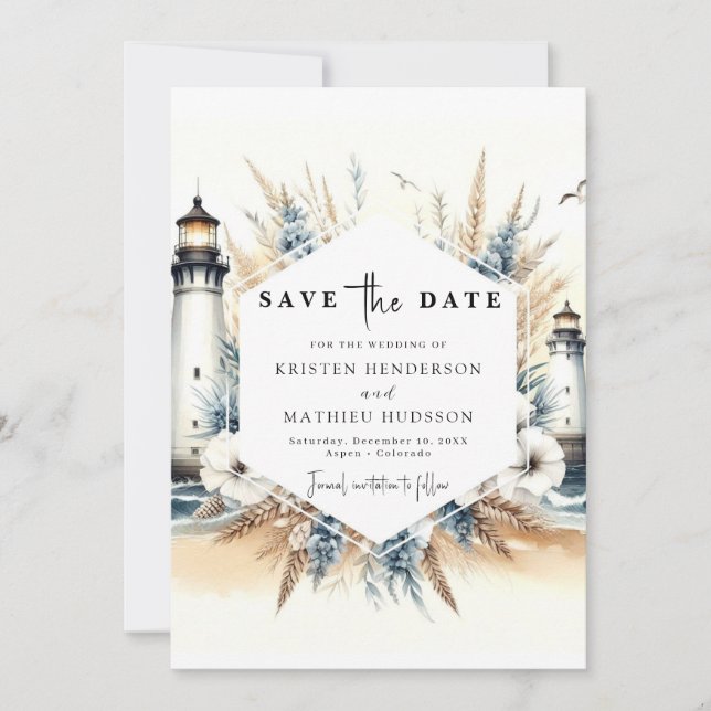Reserve A Data Casamento com farol Design de na moda de Aquarela (Frente)