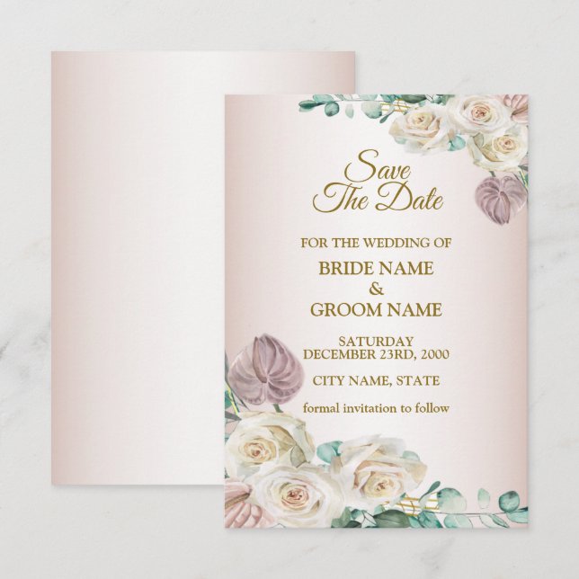Reserve A Data Casamento com Floral Aquarela Verde Rosa Branco (Frente/Verso)