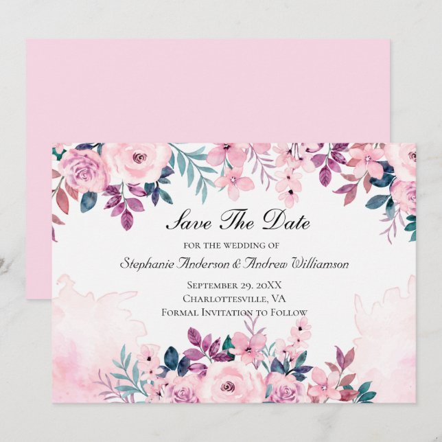 Reserve A Data Casamento com Floral de Aquarela Rosa Roxo Verde  (Frente/Verso)