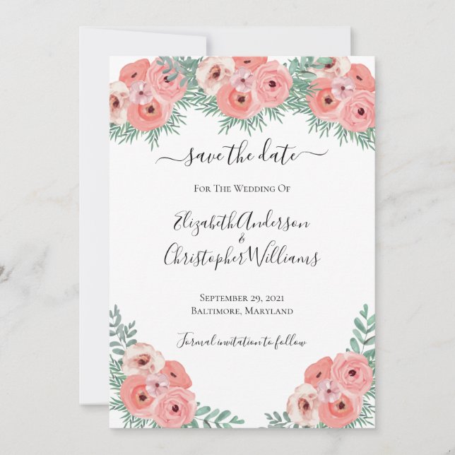 Reserve A Data Casamento com Floral Elegante em Rosa e Verde em A (Frente)