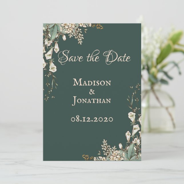 Reserve A Data Casamento com Floral Verde Elegante em Rótulo (Em pé/Frente)