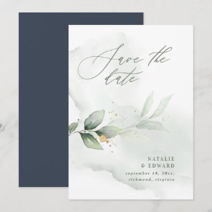 Reserve A Data Casamento com folhagem em aquarela e dourado metál
