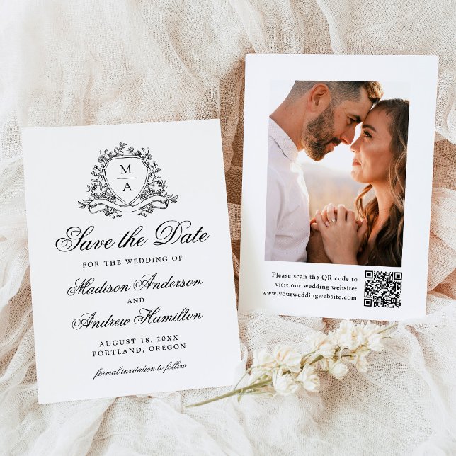 Reserve A Data Casamento com Foto de Crista Floral Preta Elegante (Criador carregado)