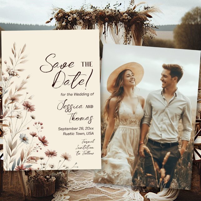 Reserve A Data Casamento com Foto de Flores Silvestres Rústico Bo (Front/Back)