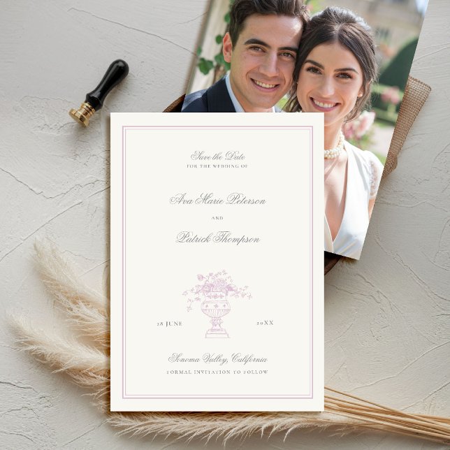Reserve A Data Casamento com Foto de Frame Elegante de Lavanda Fl (elegant wedding save the date photo template chateau estate garden destination lavender pink)