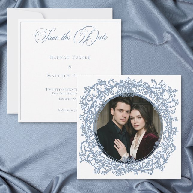 Reserve A Data Casamento com Foto de Jardim com Crista Azul Elega (Vintage Elegant Blue Crest Garden Photo Wedding Save The Date)