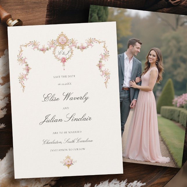 Reserve A Data Casamento com Foto de Jardim Francês de Castelo An (vintage garden french chateau romantic regency jane austin wedding photo save the date)