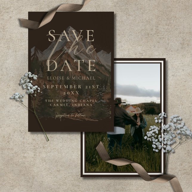Reserve A Data Casamento com Foto de Montanha em Aquarela Rústica (Rustic Watercolor Mountain Photo Wedding Save The Date)