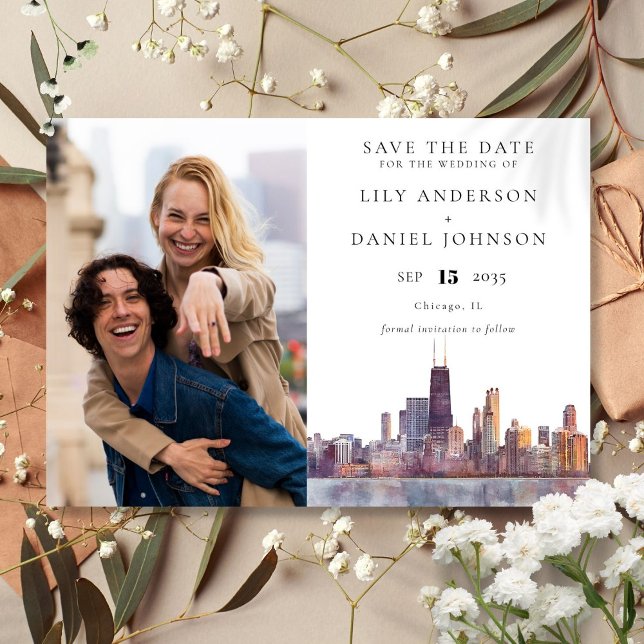 Reserve A Data Casamento com Foto de Paisagem Urbana de Chicago e (Chicago Skyline Watercolor Photo Wedding Save The Date)