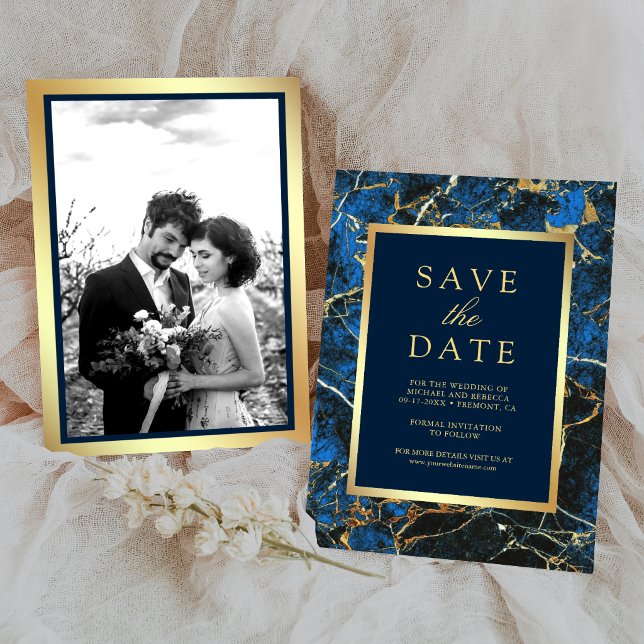 Reserve A Data Casamento com Foto Dourada em Mármore Azul Real (Criador carregado)