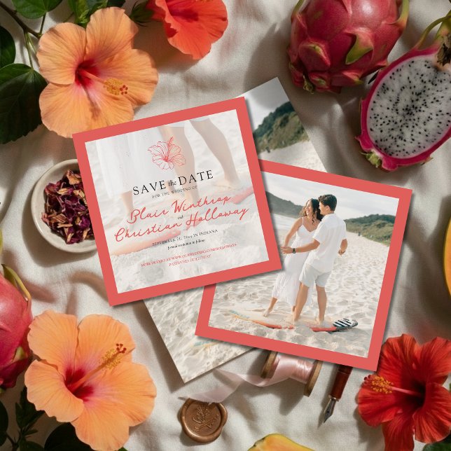Reserve A Data Casamento com Foto Dupla Face de Hibisco Rosa Trop (Invite guests to your destination wedding day with this Tropical Pink Hibiscus Save the Date!)