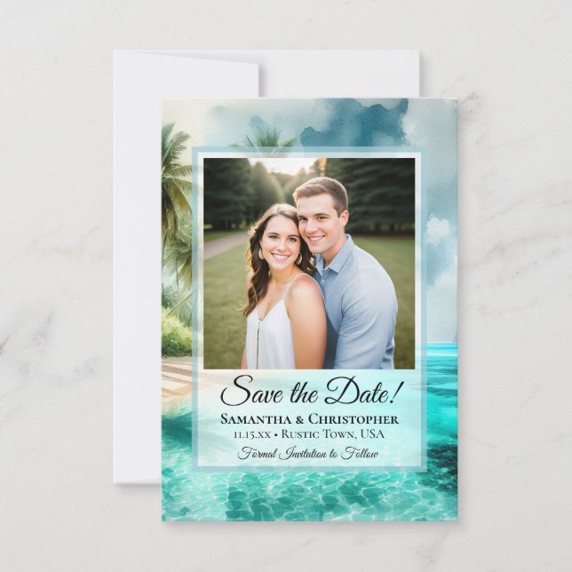 Reserve A Data Casamento com Foto e Aquarela de Praia Tropical (Frente)