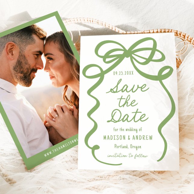 Reserve A Data Casamento com Foto e Laço Verde Ousado Moderno (Criador carregado)