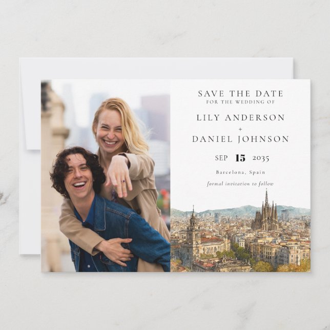 Reserve A Data Casamento com Foto em Aquarela da Silhueta de Barc (Frente)