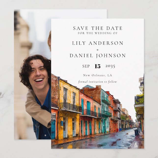 Reserve A Data Casamento com Foto em Aquarela de Nova Orleans (Frente/Verso)