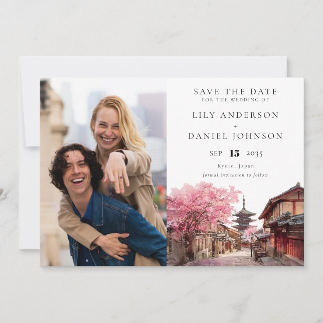 Reserve A Data Casamento com Foto em Aquarela em Kyoto Japão (Frente)