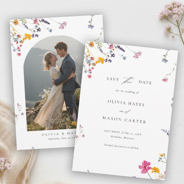 Reserve A Data Casamento com Foto em Aquarela Moderna de Jardim d (wildflower wedding photo save the date watercolor garden backyard barn summer spring elegant arch)
