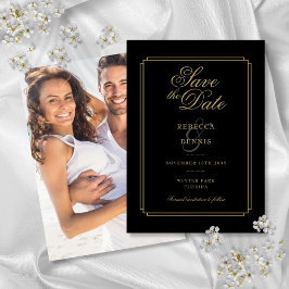Reserve A Data Casamento com Foto em Arte Deco com Rótulo Preto e
