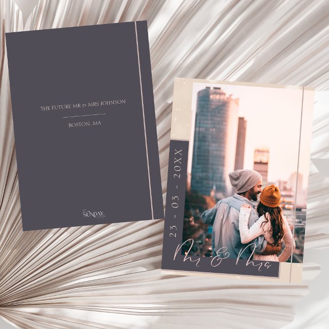 Reserve A Data Casamento com Foto em Azul Naval e Dourado Rosa El (Navy and Rose Gold Mr. and Mrs. Script Photo Save The Date)