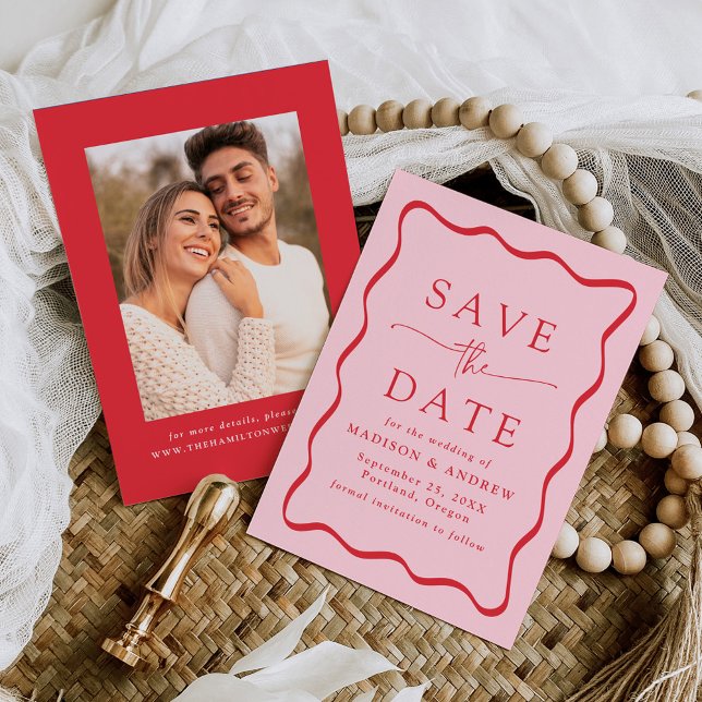 Reserve A Data Casamento com Foto em Moldura Ondulada Rosa e Verm (Criador carregado)