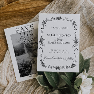 Reserve A Data Casamento com Foto Floral Preto e Branco Old Money