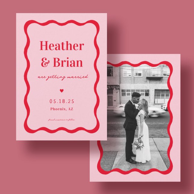 Reserve A Data Casamento com Foto Ondulada Rosa e Vermelha Retro (Criador carregado)