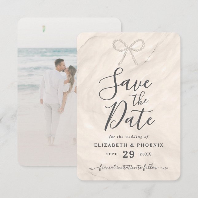 Reserve A Data Casamento com Foto Personalizada de Laço de Pérola (Frente/Verso)