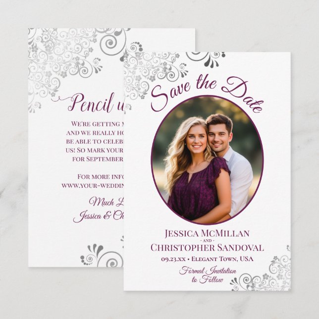 Reserve A Data Casamento com Foto Prateada e Magenta em Branco (Frente/Verso)