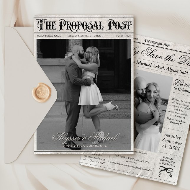 Reserve A Data Casamento com Foto Preto e Branco de Jornal Antigo (Elegant unique vintage Proposal Post trendy newspaper black and white photo wedding save the date)