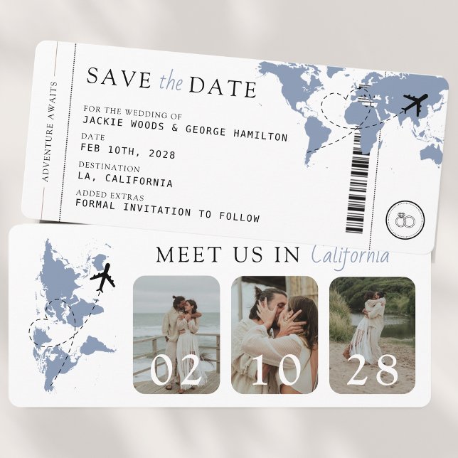Reserve A Data Casamento com fotos Azul 3 e Dusty Pass (Boarding Pass 3 Photos Save the Date Dusty Blue)
