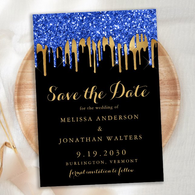 Reserve A Data Casamento com Glitter Dourado Azul Elegante (Criador carregado)