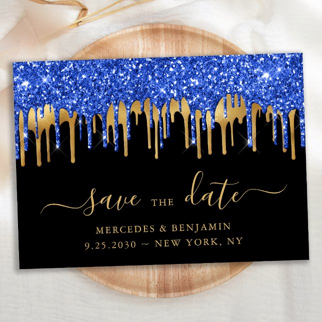 Reserve A Data Casamento com Glitter Dourado Azul Elegante (Criador carregado)