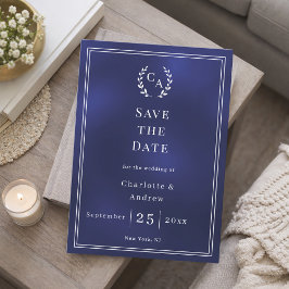 Reserve A Data Casamento com grinalda de monograma azul marinho