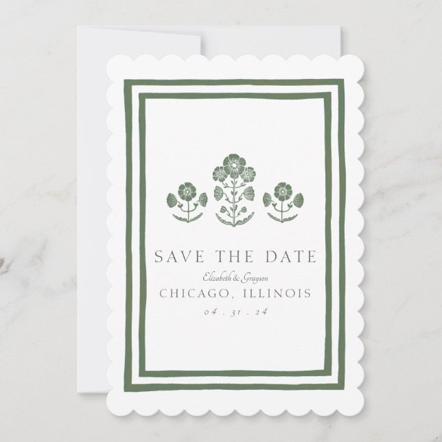 Reserve A Data Casamento com Impressão Botânica Verde e Branco em (Frente)