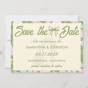 Reserve A Data Casamento com Laço Xadrez Verde Flor Silvestre