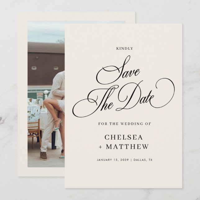 Reserve A Data Casamento com Letra e Foto Clássicas em Marfim e P (Frente/Verso)