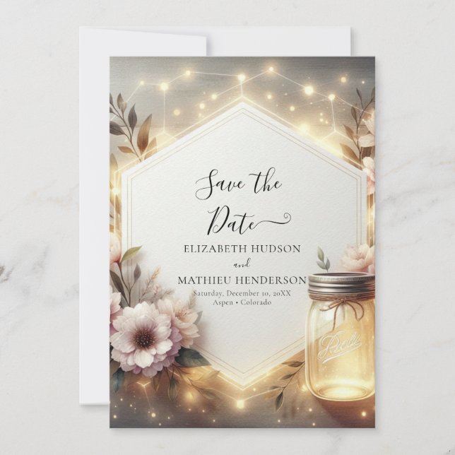 Reserve A Data Casamento com Mason Jar Flores Personalizadas (Frente)