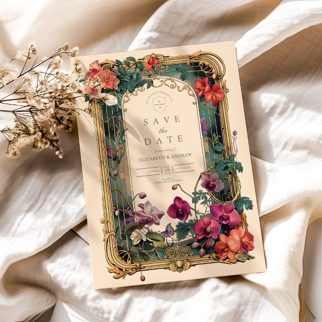 Reserve A Data Casamento com Moldura de Orquídea Art Nouveau (Criador carregado)