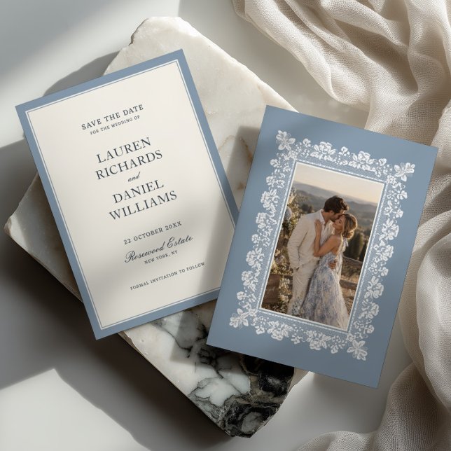 Reserve A Data Casamento com Moldura de Renda Azul Francês (Criador carregado)
