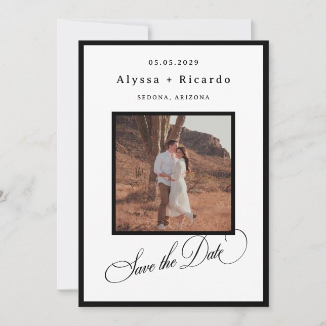 Reserve A Data Casamento com Moldura Elegante e Caligrafia Clássi (Frente)